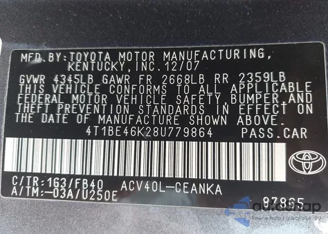 2008 Toyota Camry Le из США, поврежденный, VIN 4T1BE46K28U779864